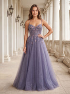 Purple Tulle A-Line V-Neck Backless Floor-Length Dress with Lace Bodice - Curvevia