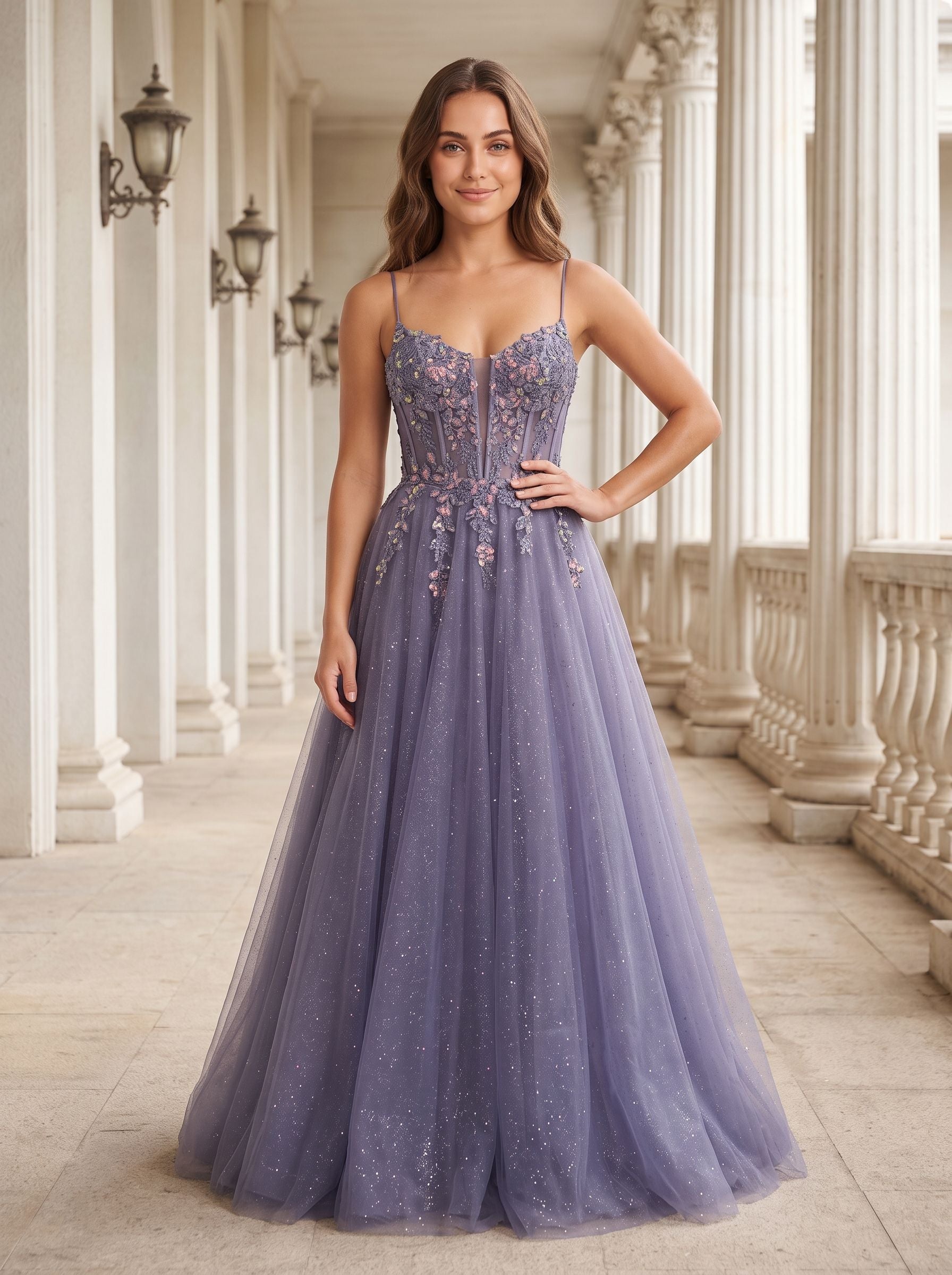 Purple Tulle A-Line V-Neck Backless Floor-Length Dress with Lace Bodice - Curvevia