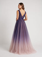 Purple Tulle A-Line V-Neck V-Back Floor-Length Dress with Pleated Bodice - Curvevia