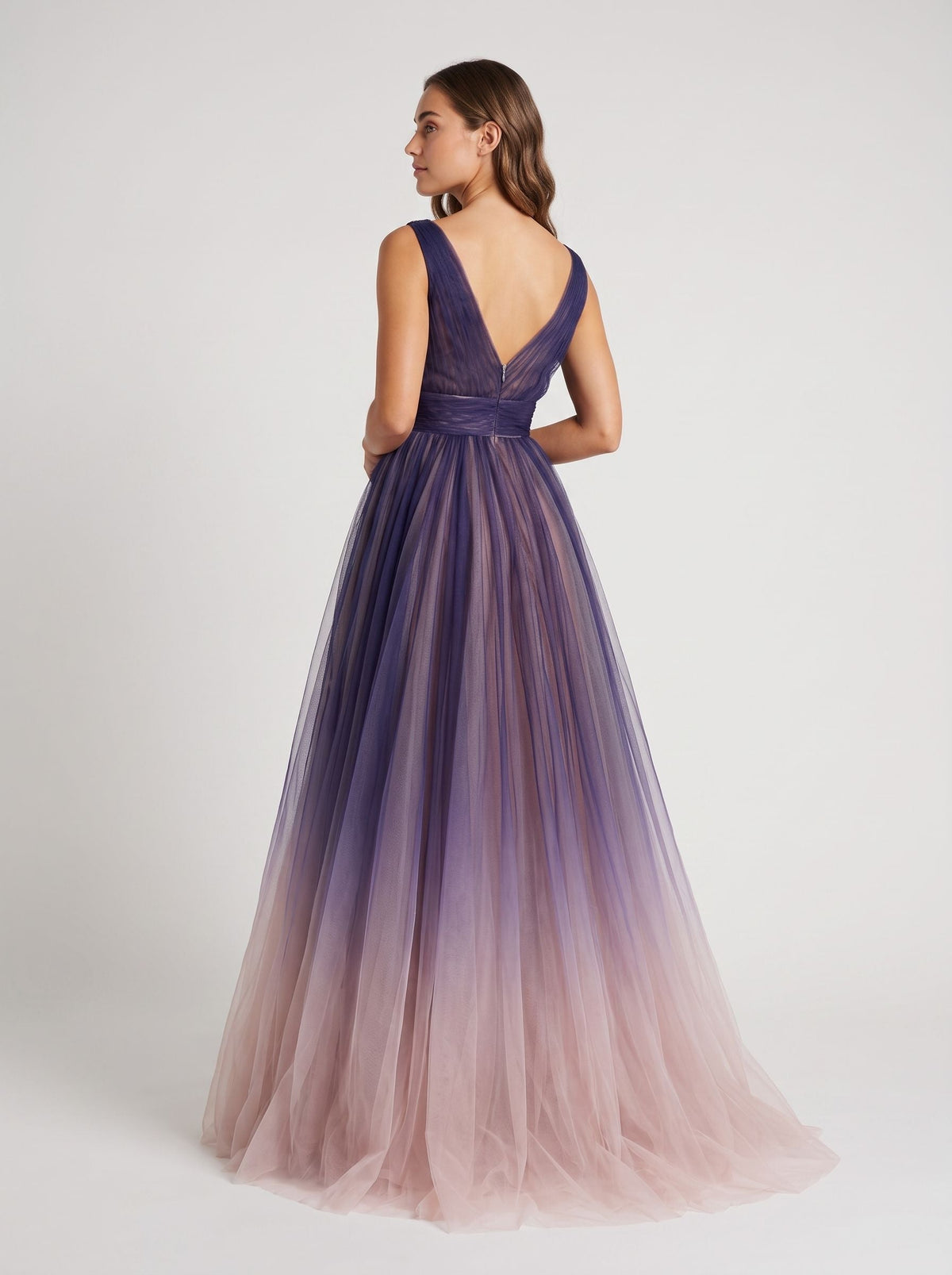 Purple Tulle A-Line V-Neck V-Back Floor-Length Dress with Pleated Bodice - Curvevia