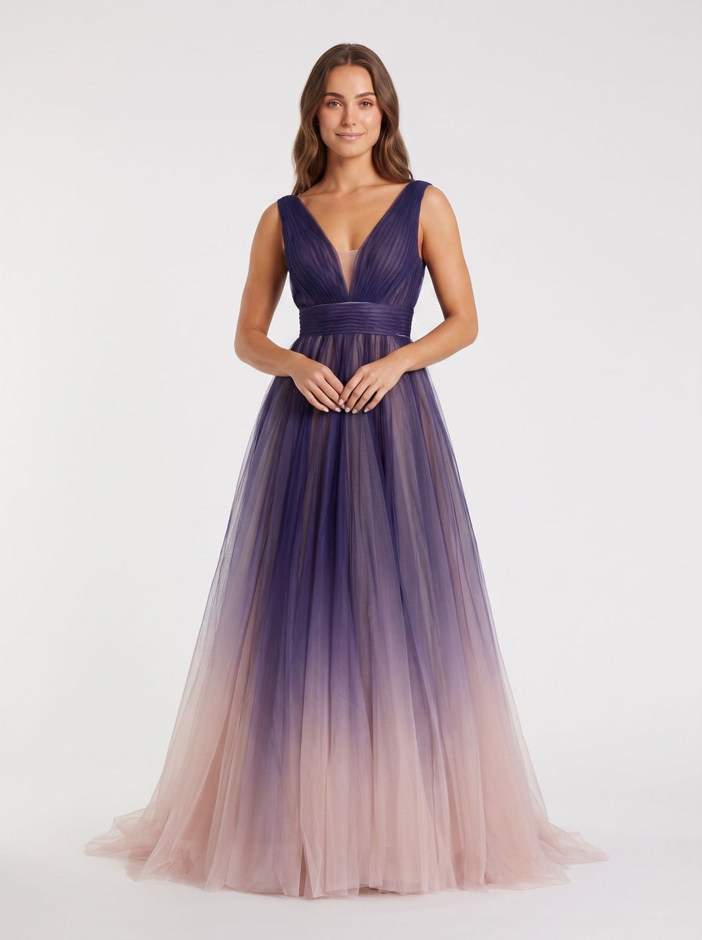 Purple Tulle A-Line V-Neck V-Back Floor-Length Dress with Pleated Bodice - Curvevia