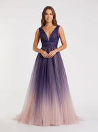 Purple Tulle A-Line V-Neck V-Back Floor-Length Dress with Pleated Bodice - Curvevia