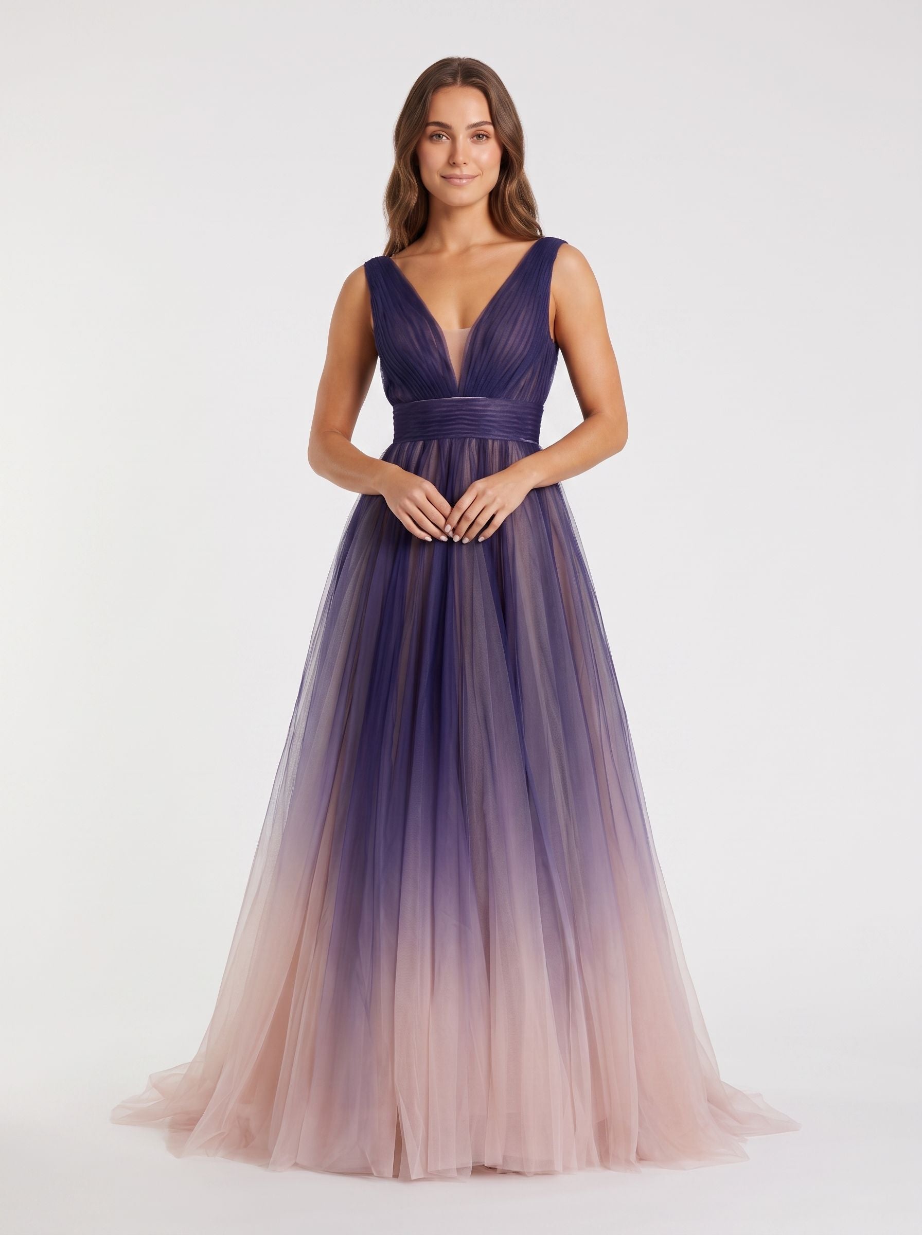 Purple Tulle A-Line V-Neck V-Back Floor-Length Dress with Pleated Bodice - Curvevia