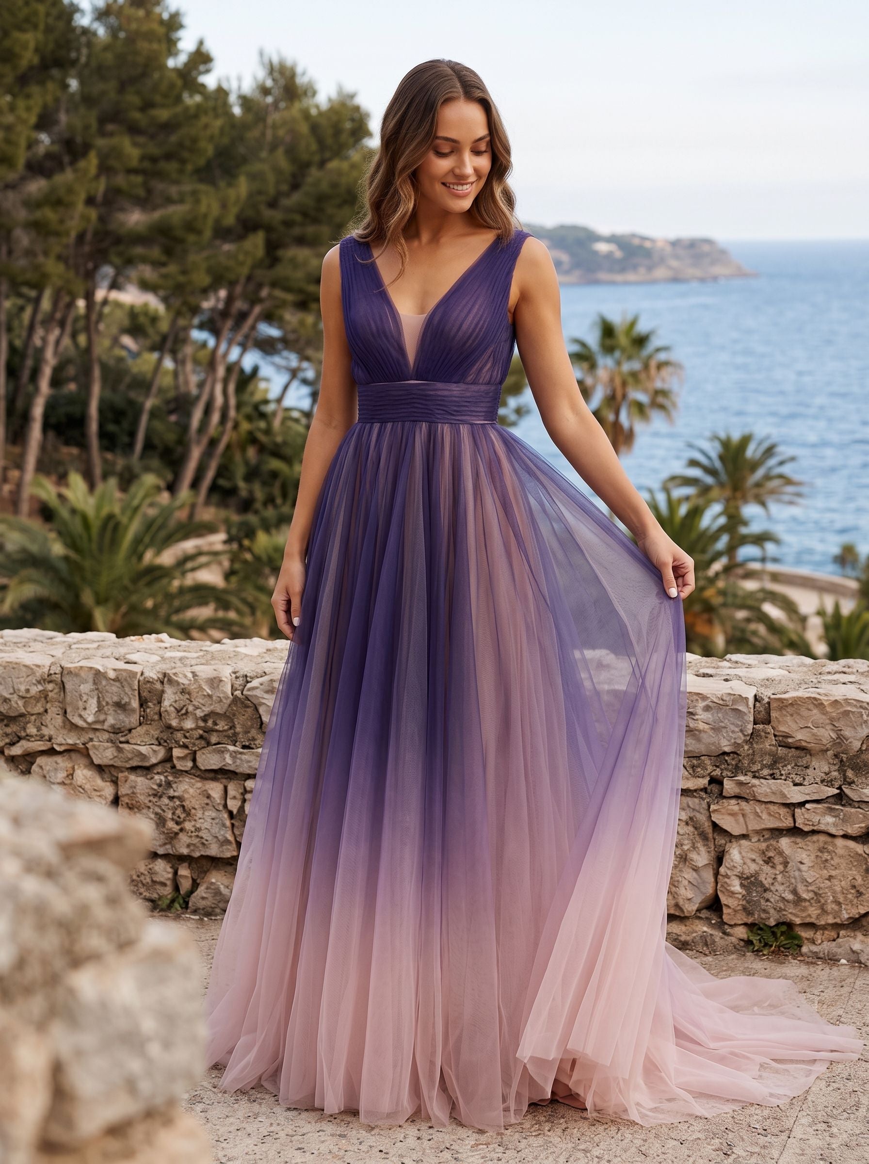 Purple Tulle A-Line V-Neck V-Back Floor-Length Dress with Pleated Bodice - Curvevia