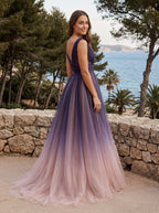 Purple Tulle A-Line V-Neck V-Back Floor-Length Dress with Pleated Bodice - Curvevia