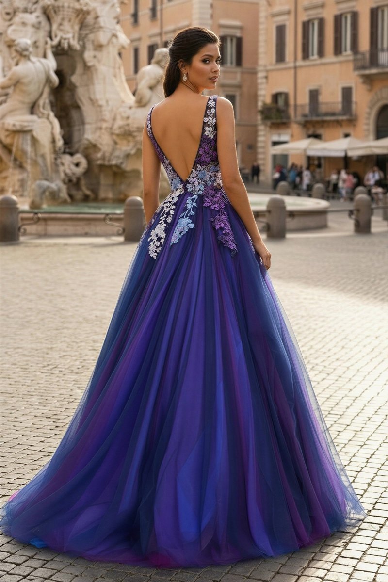 Purple Tulle Appliques V-Neck Open Back Long Prom Dress - Curvevia