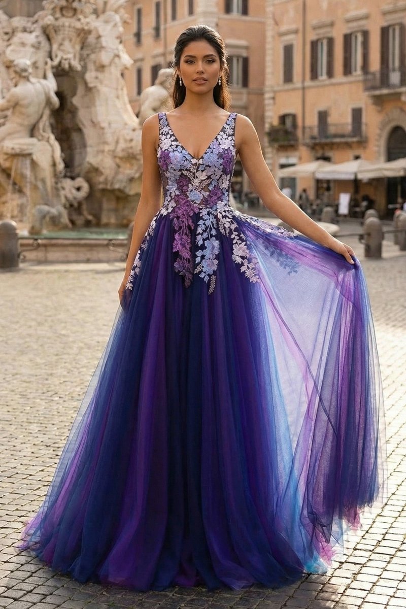 Purple Tulle Appliques V-Neck Open Back Long Prom Dress - Curvevia