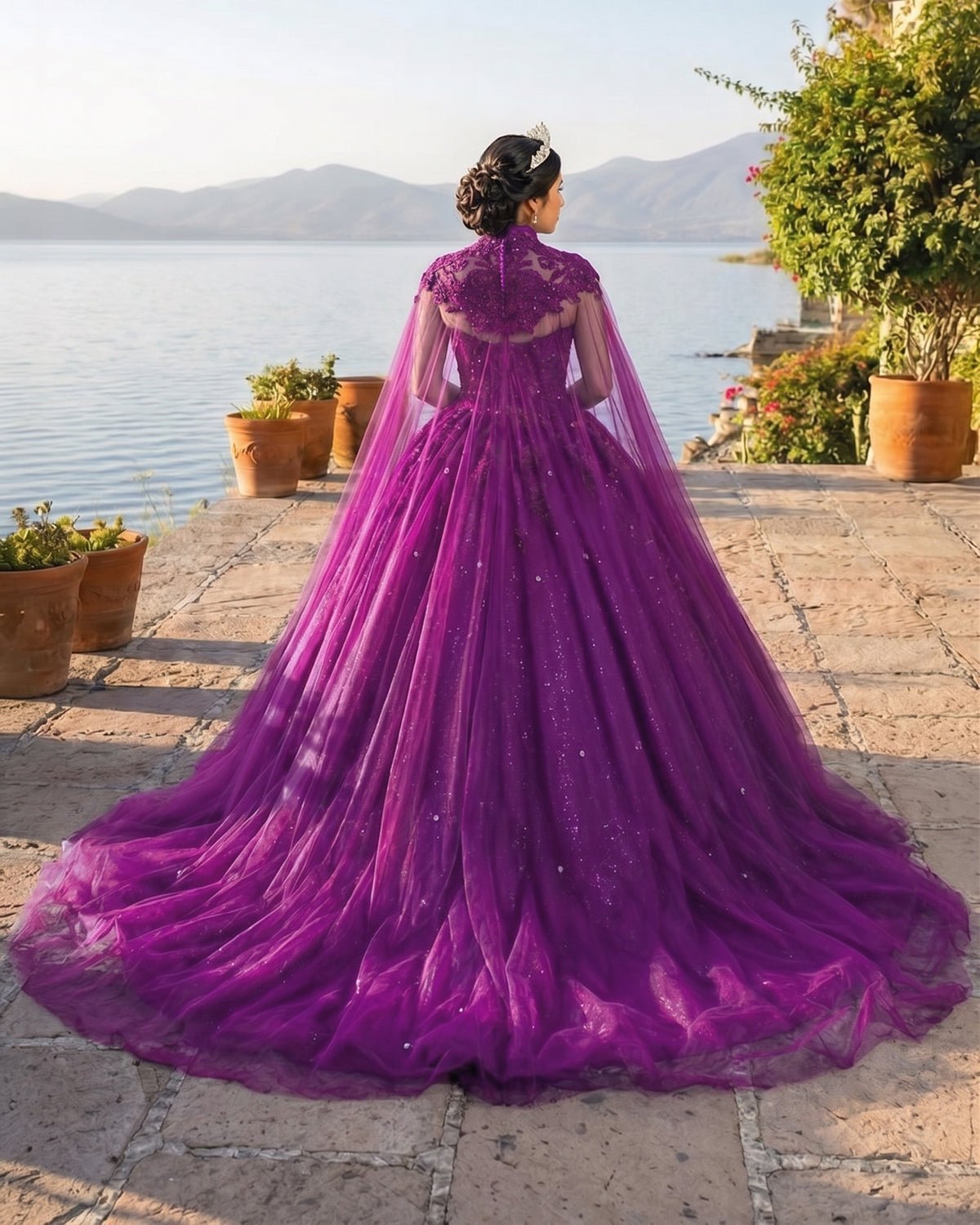 Royal Blue Tulle Ball Gown Prom Dress With Cape - Curvevia