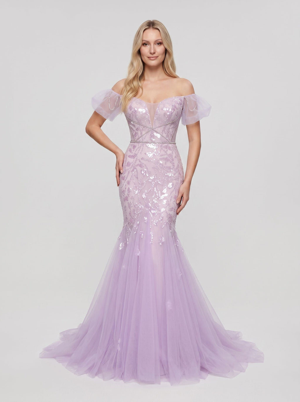 Lilac Tulle Mermaid Off-the-Shoulder Lace-up Floor-Length Dress with Shimmering Sequins - Curvevia