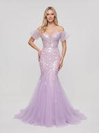 Lilac Tulle Mermaid Off-the-Shoulder Lace-up Floor-Length Dress with Shimmering Sequins - Curvevia