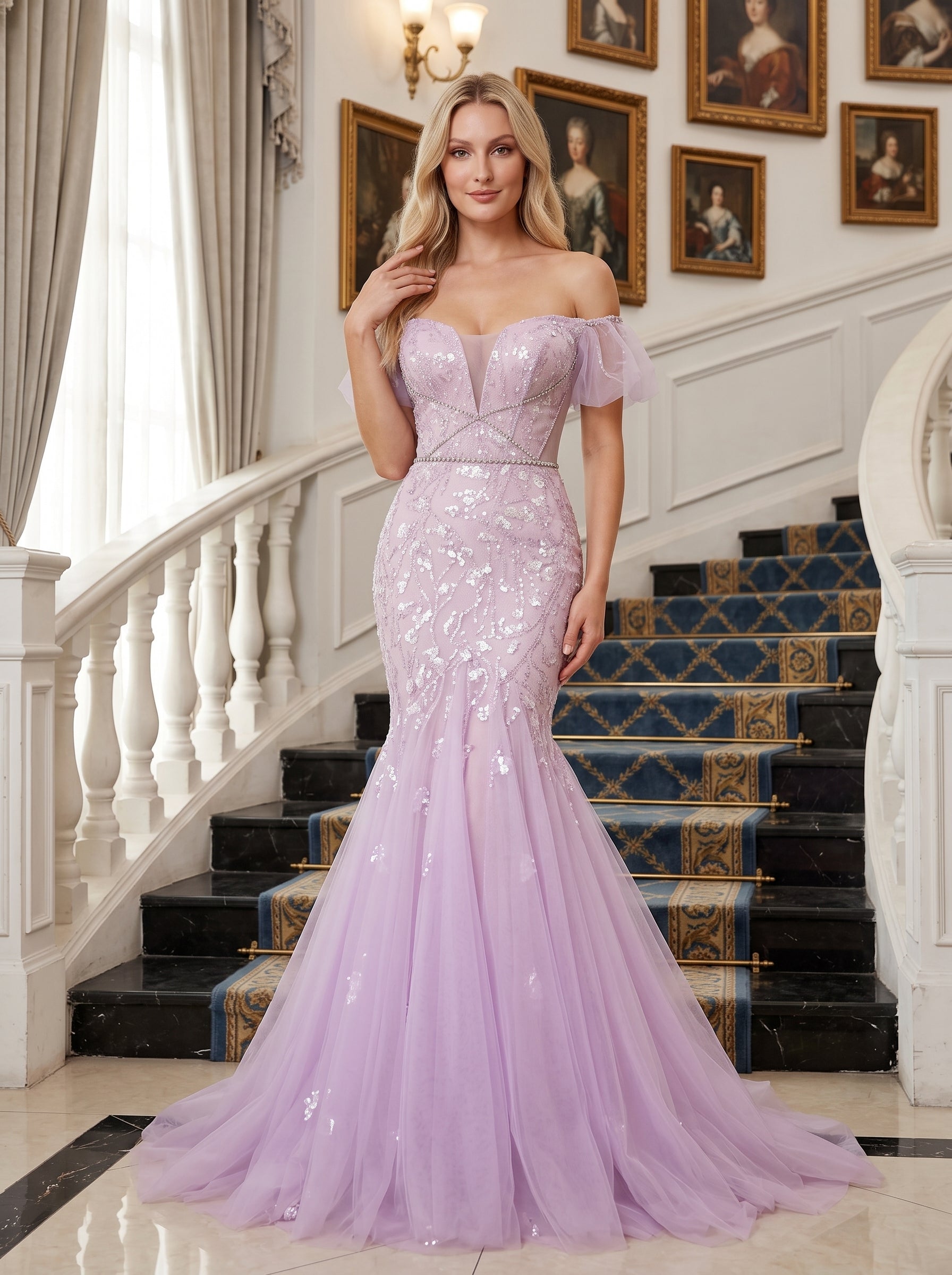 Lilac Tulle Mermaid Off-the-Shoulder Lace-up Floor-Length Dress with Shimmering Sequins - Curvevia