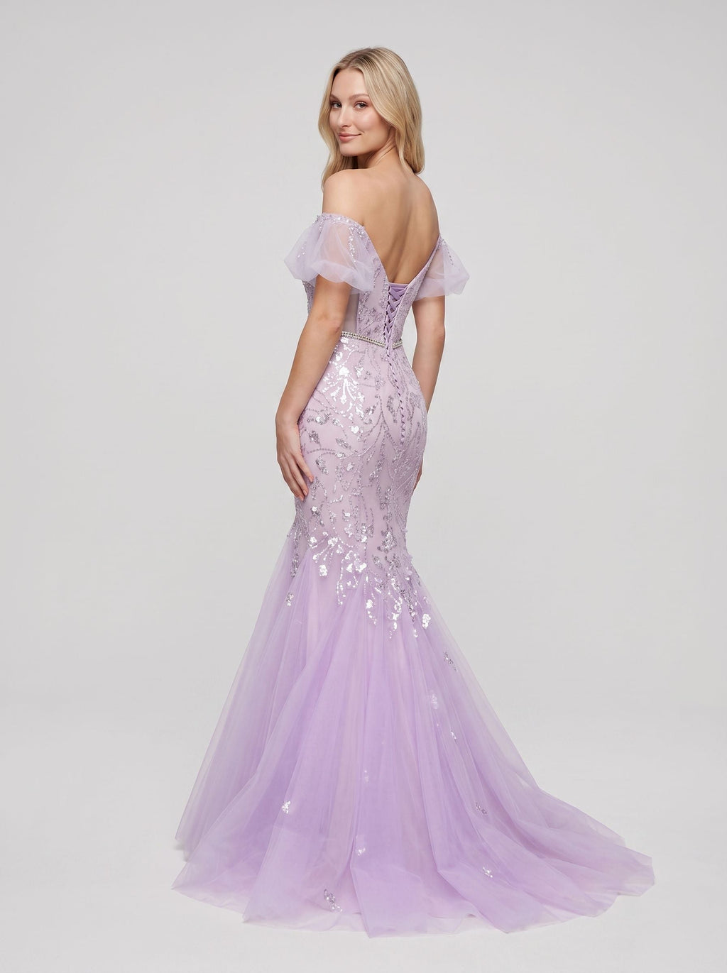 Lilac Tulle Mermaid Off-the-Shoulder Lace-up Floor-Length Dress with Shimmering Sequins - Curvevia