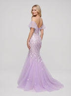 Lilac Tulle Mermaid Off-the-Shoulder Lace-up Floor-Length Dress with Shimmering Sequins - Curvevia