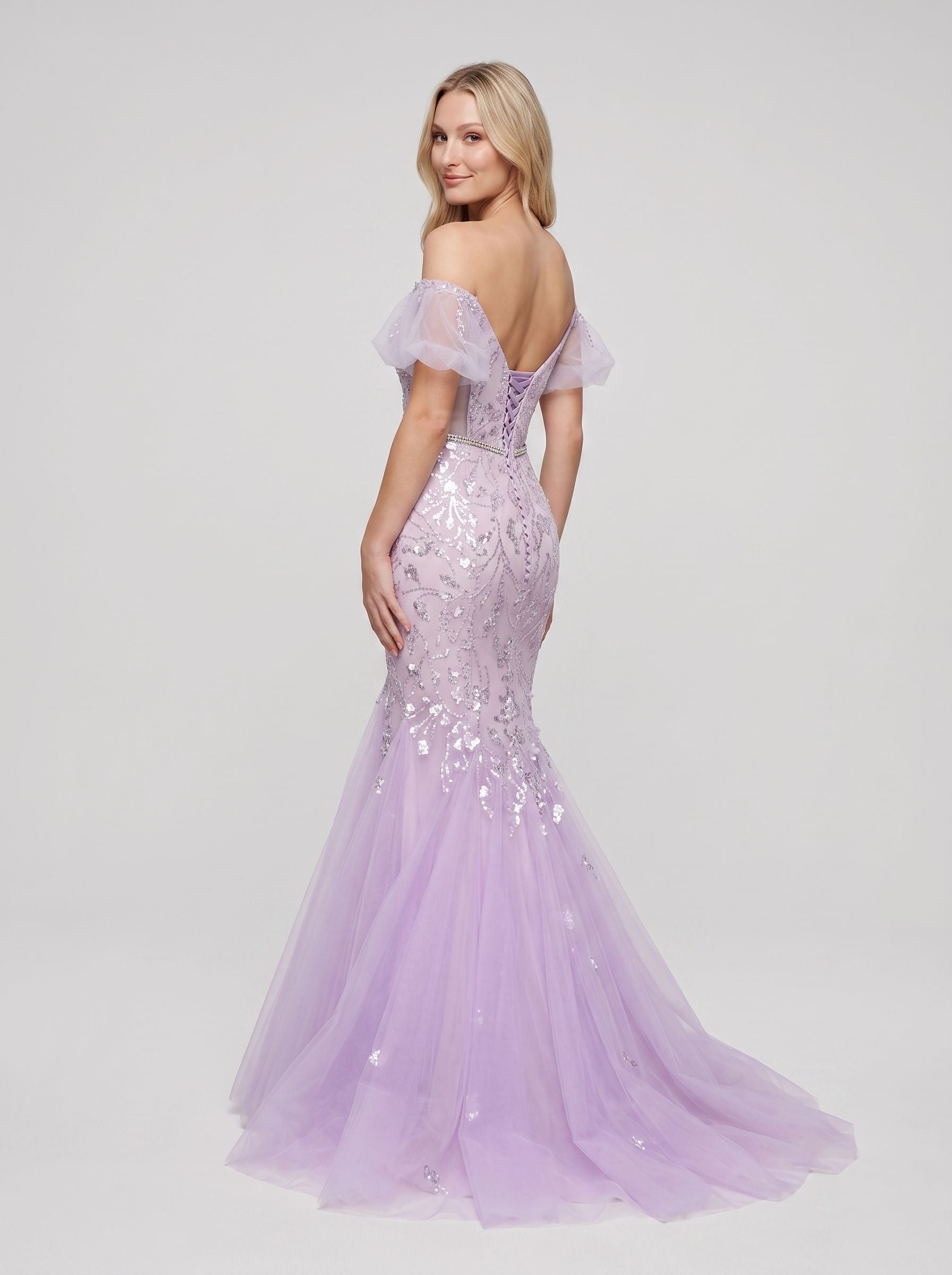 Lilac Tulle Mermaid Off-the-Shoulder Lace-up Floor-Length Dress with Shimmering Sequins - Curvevia