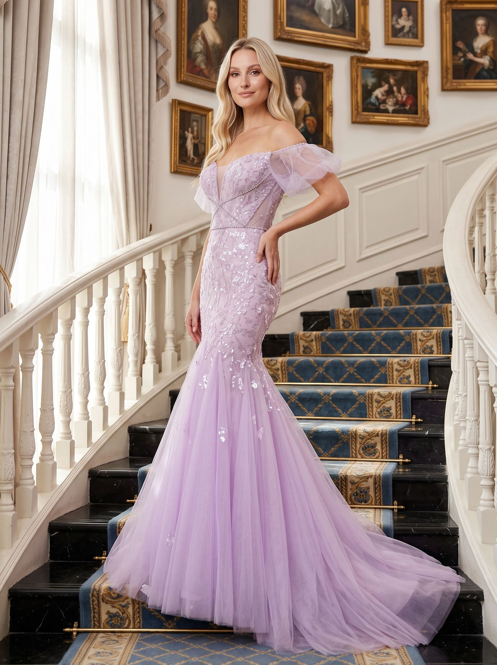 Lilac Tulle Mermaid Off-the-Shoulder Lace-up Floor-Length Dress with Shimmering Sequins - Curvevia