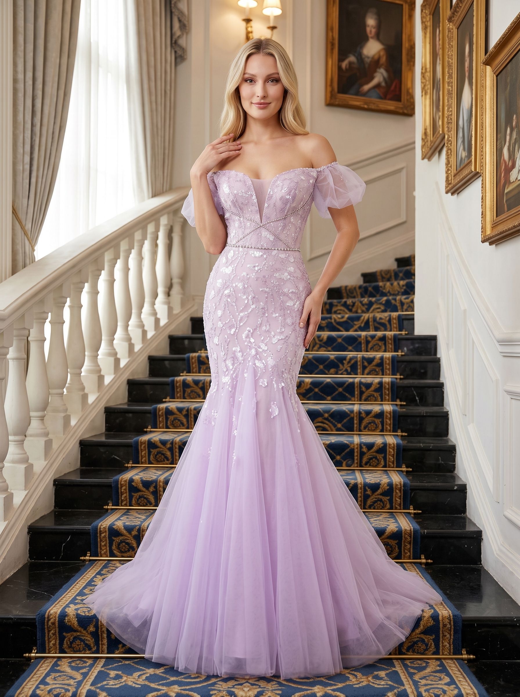 Lilac Tulle Mermaid Off-the-Shoulder Lace-up Floor-Length Dress with Shimmering Sequins - Curvevia