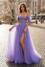 Purple Tulle Long A-Line Mother of the Bride Dress Off the Shoulder Evening Party Dress - Curvevia