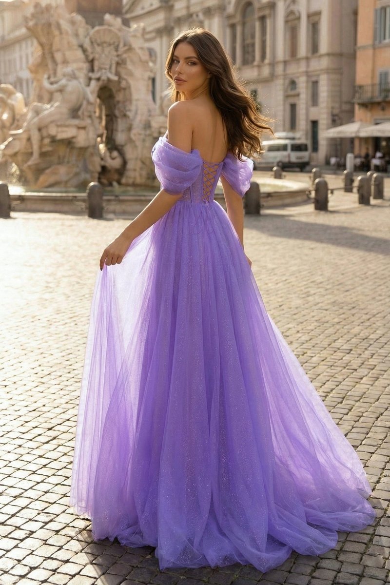 Purple Tulle Long A-Line Mother of the Bride Dress Off the Shoulder Evening Party Dress - Curvevia