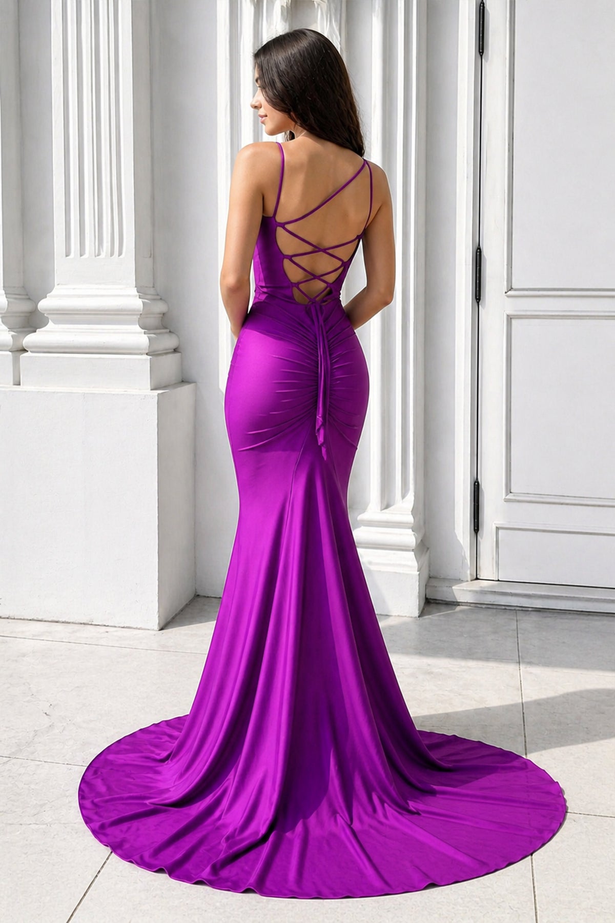 Purple Spaghetti Straps Lace-Up Mermaid Long Evening Dress - Curvevia