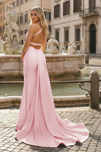 Yellow Mermaid Halter Satin Evening Dress With Tail Evening Dress - Curvevia