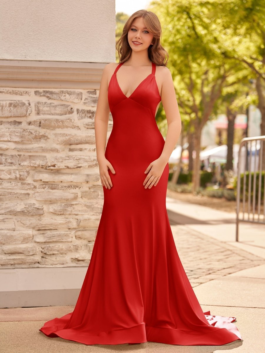 Yellow Mermaid Halter Satin Evening Dress With Tail Evening Dress - Curvevia