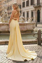 Yellow Mermaid Halter Satin Evening Dress With Tail Evening Dress - Curvevia