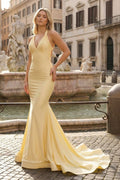 Yellow Mermaid Halter Satin Evening Dress With Tail Evening Dress - Curvevia