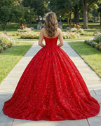 Quinceanera Ball Gown Red Sleeveless Sequined Dress - Curvevia
