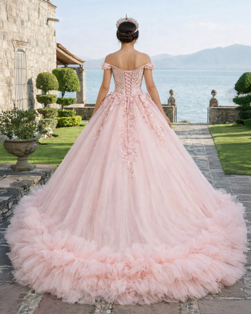 Quinceanera Ball Gown  Off-the-Shoulder  Sequined Pink Dress - Curvevia