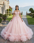 Quinceanera Ball Gown  Off-the-Shoulder  Sequined Pink Dress - Curvevia