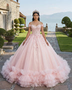 Quinceanera Ball Gown  Off-the-Shoulder  Sequined Pink Dress - Curvevia