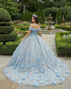 Quinceanera Blue  Off-the-Shoulder  Ball Gown Flower Dress - Curvevia