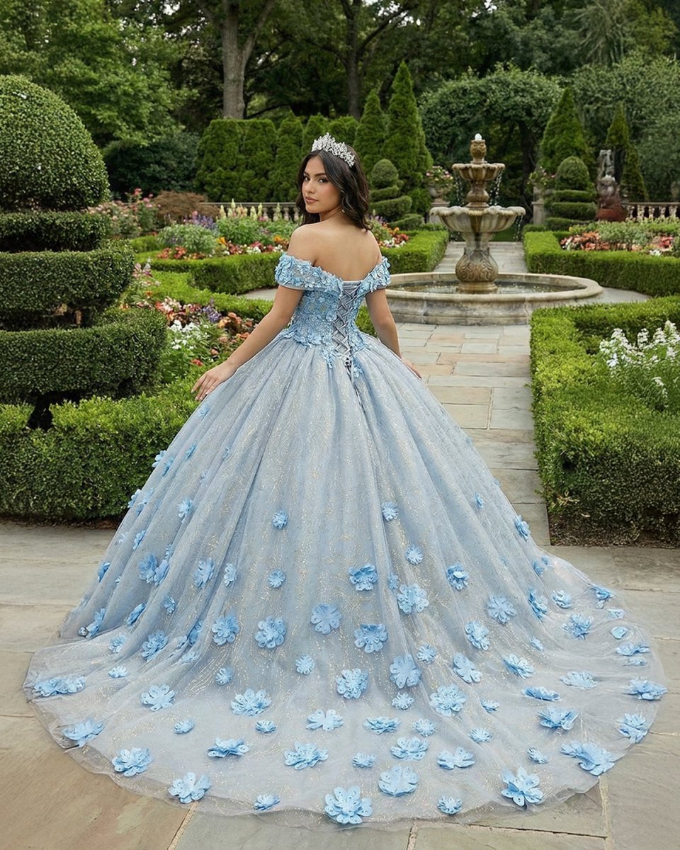 Quinceanera Blue  Off-the-Shoulder  Ball Gown Flower Dress - Curvevia