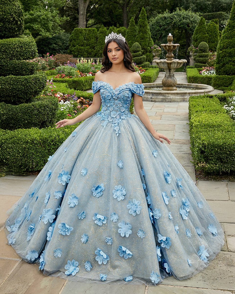 Quinceanera Blue  Off-the-Shoulder  Ball Gown Flower Dress - Curvevia