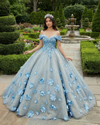 Quinceanera Blue  Off-the-Shoulder  Ball Gown Flower Dress - Curvevia