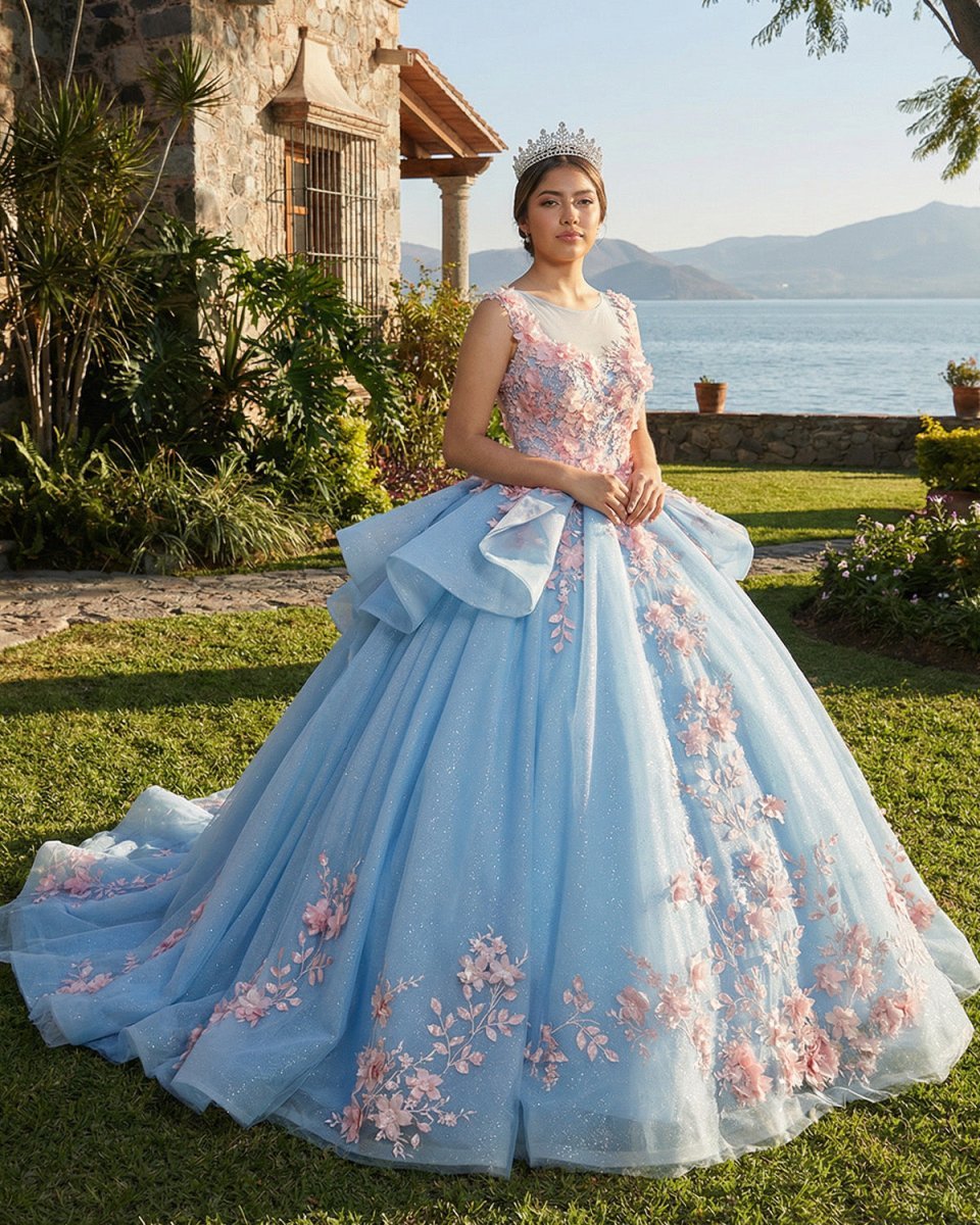 Quinceanera Sky Blue Flower Ball Gown Dress - Curvevia
