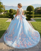 Quinceanera Sky Blue Flower Ball Gown Dress - Curvevia