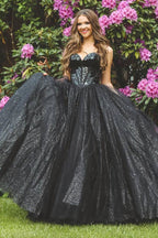 Glitter Tulle Sweetheart Black Long Quinceanera Dresses - Curvevia