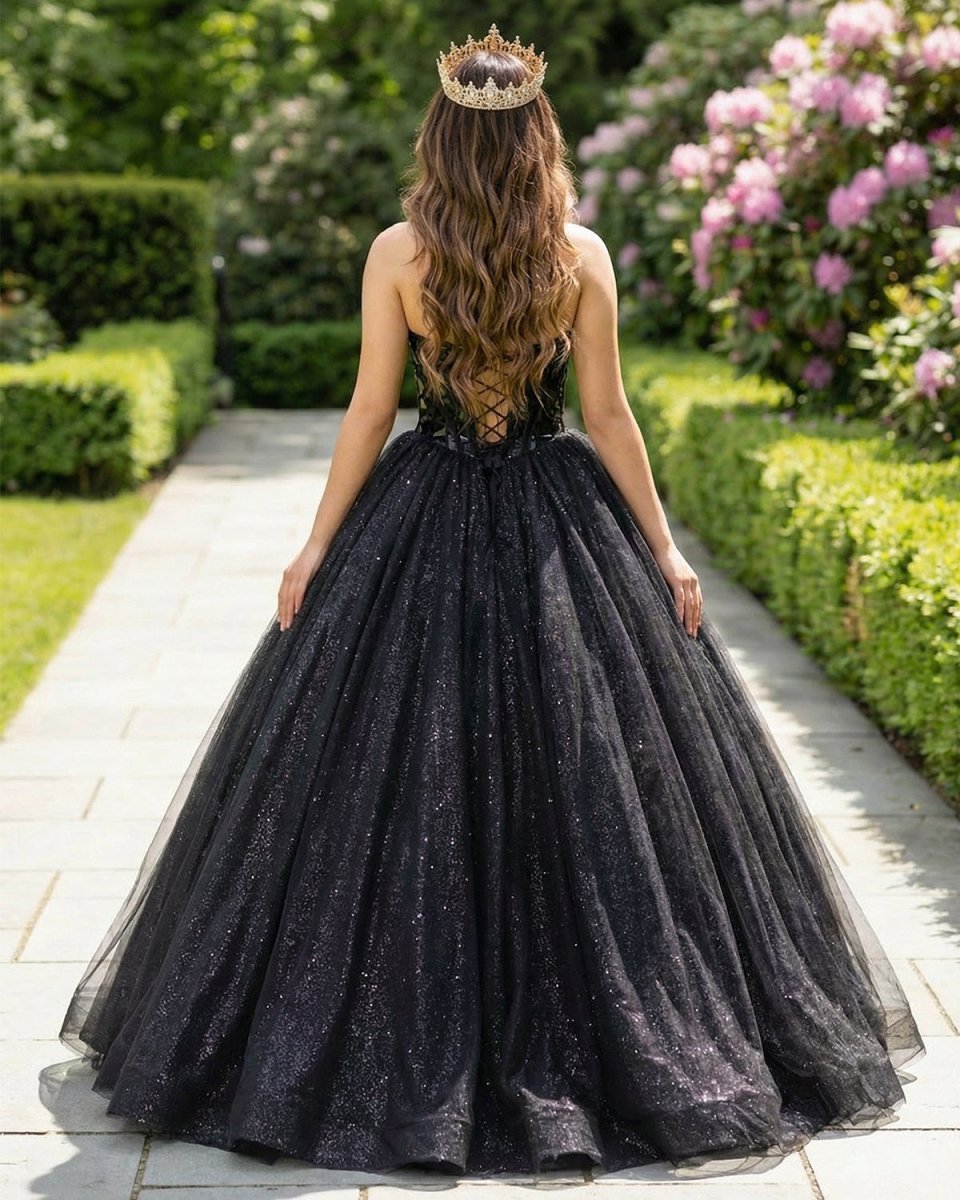 Glitter Tulle Sweetheart Black Long Quinceanera Dresses - Curvevia
