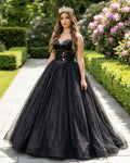 Glitter Tulle Sweetheart Black Long Quinceanera Dresses - Curvevia