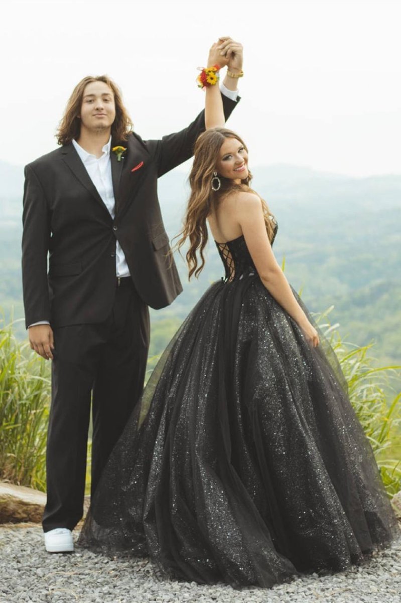 Glitter Tulle Sweetheart Black Long Quinceanera Dresses - Curvevia