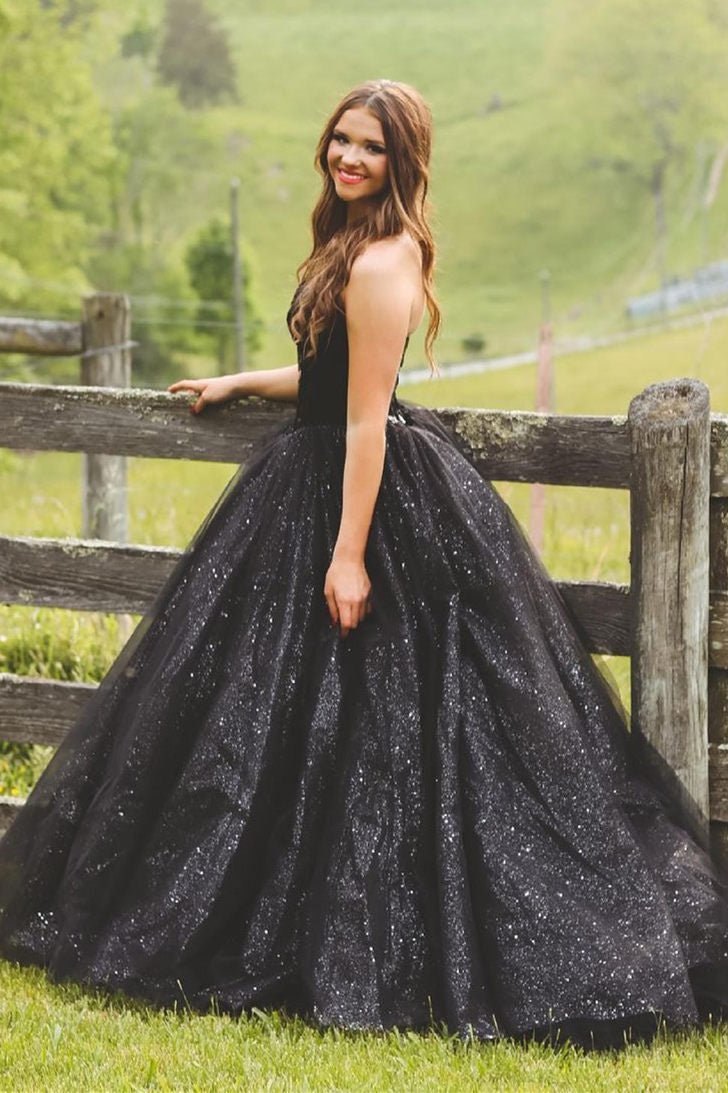 Glitter Tulle Sweetheart Black Long Quinceanera Dresses - Curvevia