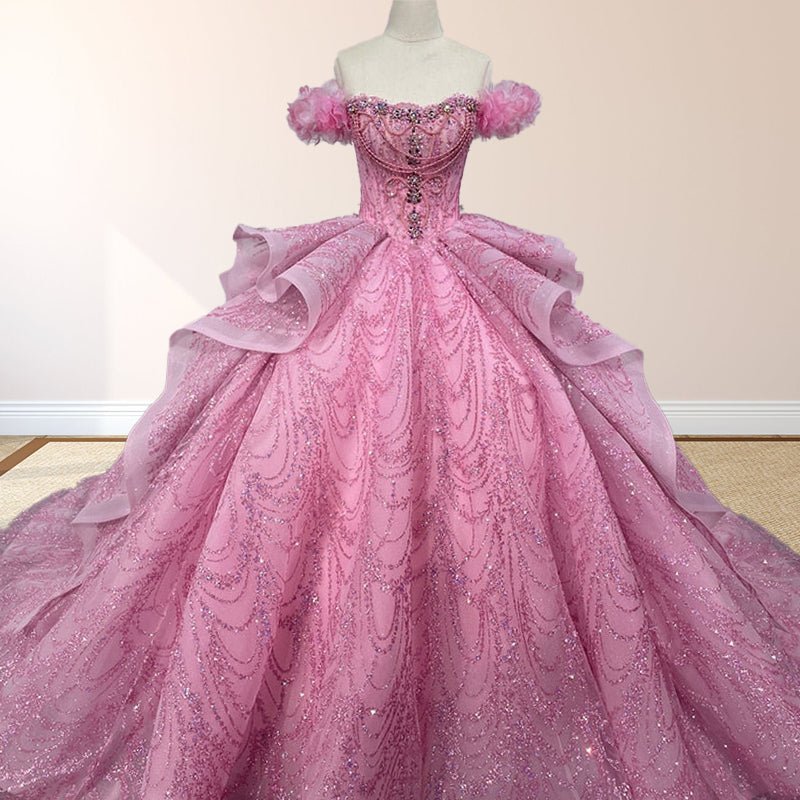 Quinceanera Dress With Sequins Off the Shoulder Chapel Train - Curvevia