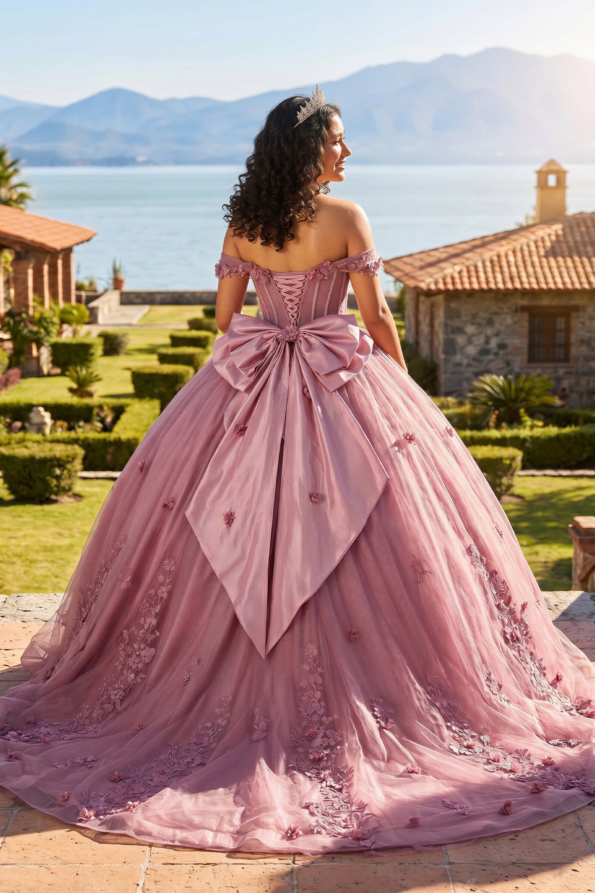 Off The Shoulder Lace Up Back Appliques Tulle Quinceanera Dress - Curvevia