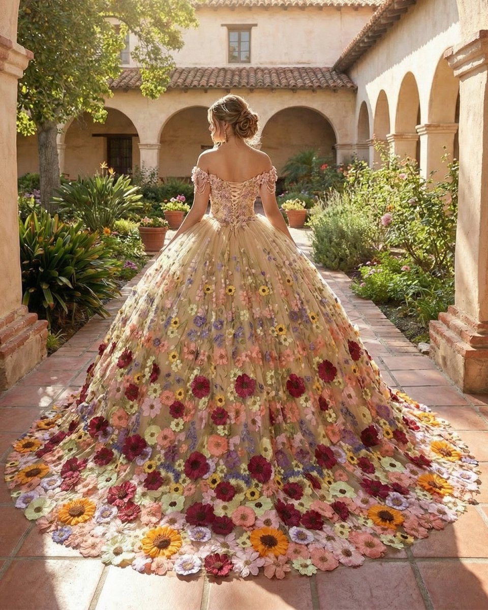 Quinceanera Flower  Off-the-Shoulder Ball Gown Dress - Curvevia