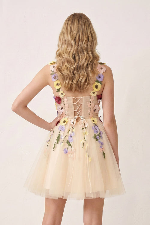 3D Flower Tulle Short Length Wedding Guest Dress - Curvevia