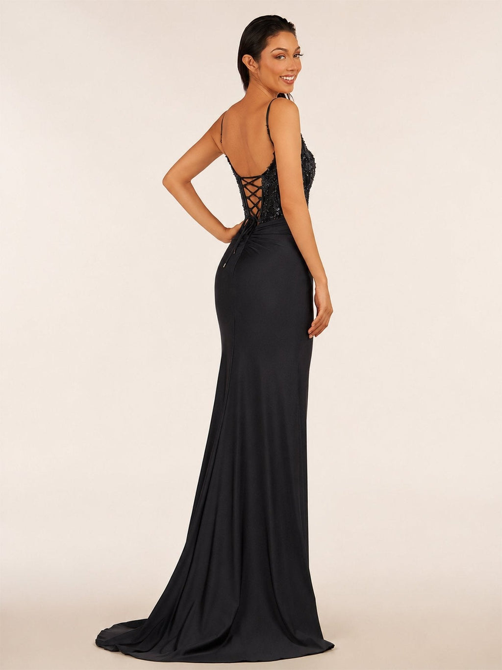 Green V Neck Beading Satin Long Slit Evening Dress - Curvevia