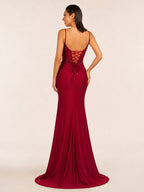 Green V Neck Beading Satin Long Slit Evening Dress - Curvevia