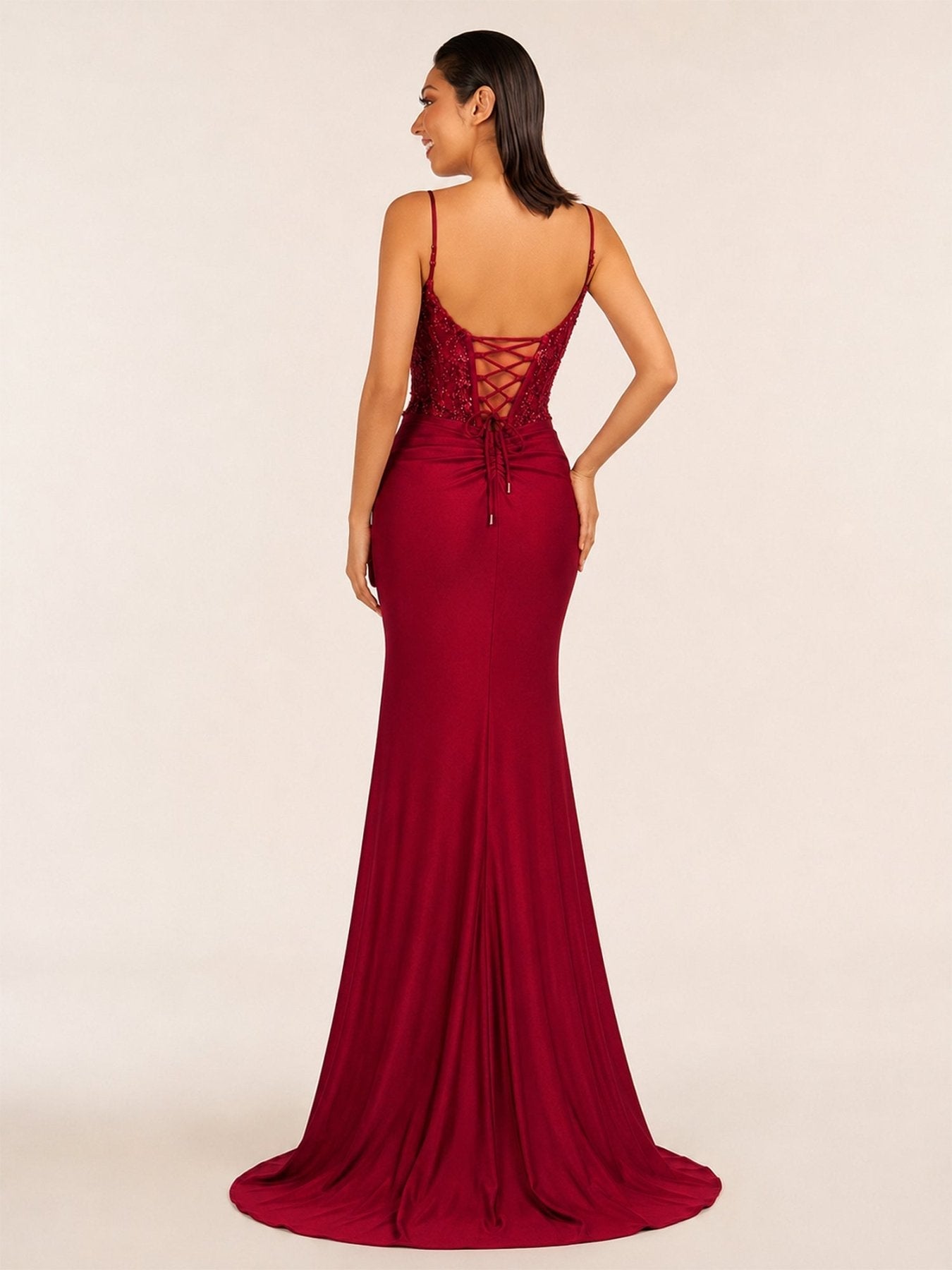 Green V Neck Beading Satin Long Slit Evening Dress - Curvevia