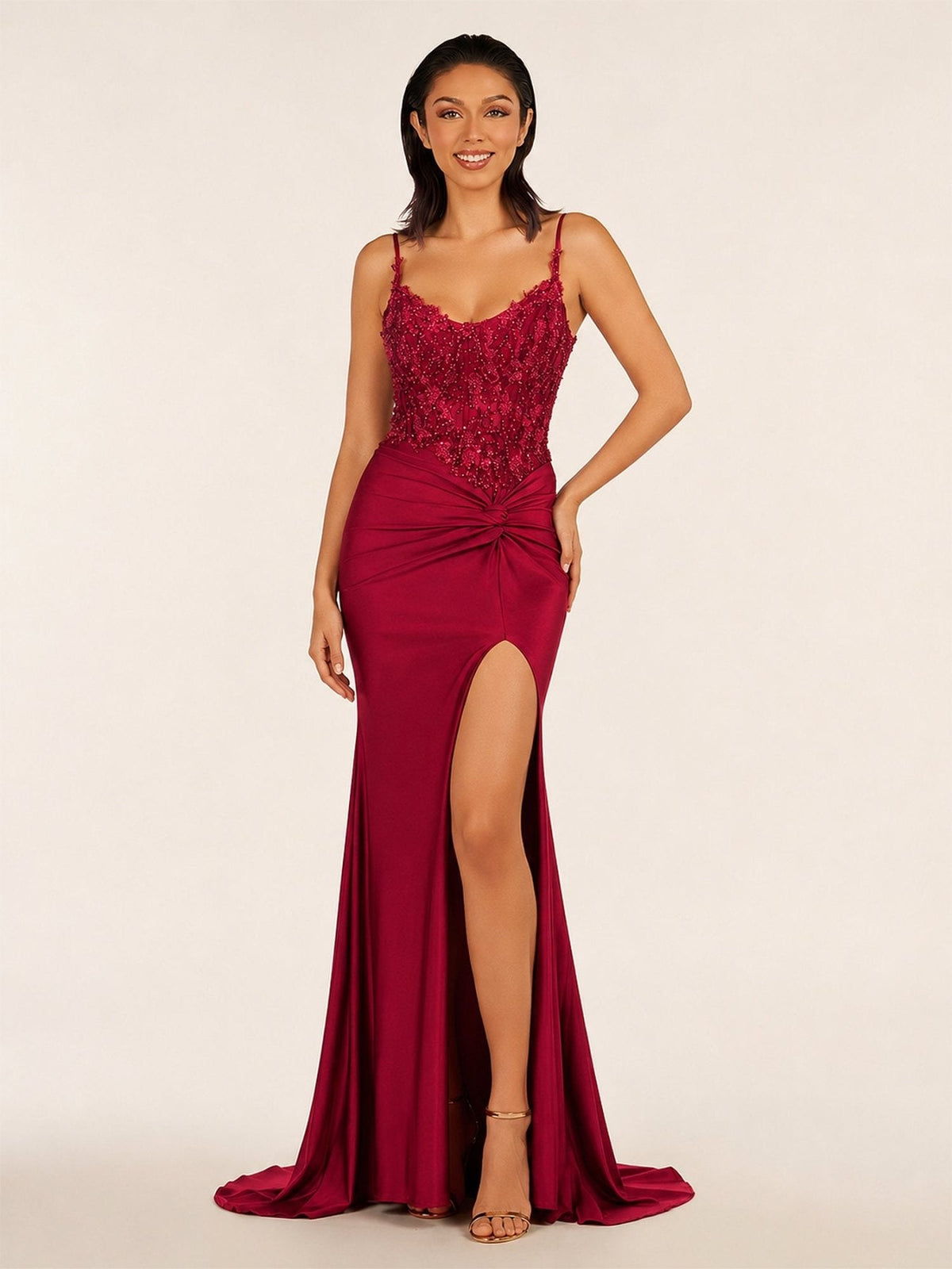 Green V Neck Beading Satin Long Slit Evening Dress - Curvevia